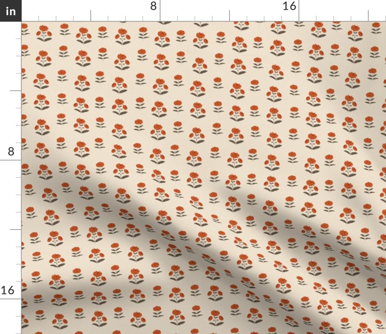 Block Print Floral Doll House Primitive Prairie Indian Floral Small Floral Mini Orange Blooms Rustic Leaves Bohemian Eclectic Boho Custom Printed Fabric by Spoonflower Various Fabrics by the Yard or Fat Quarter 16730165